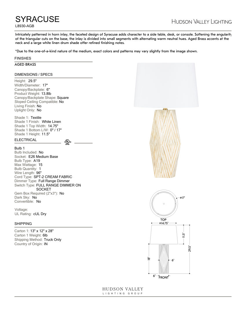 Hudson Valley Lighting L8930-AGB cut sheet — first page