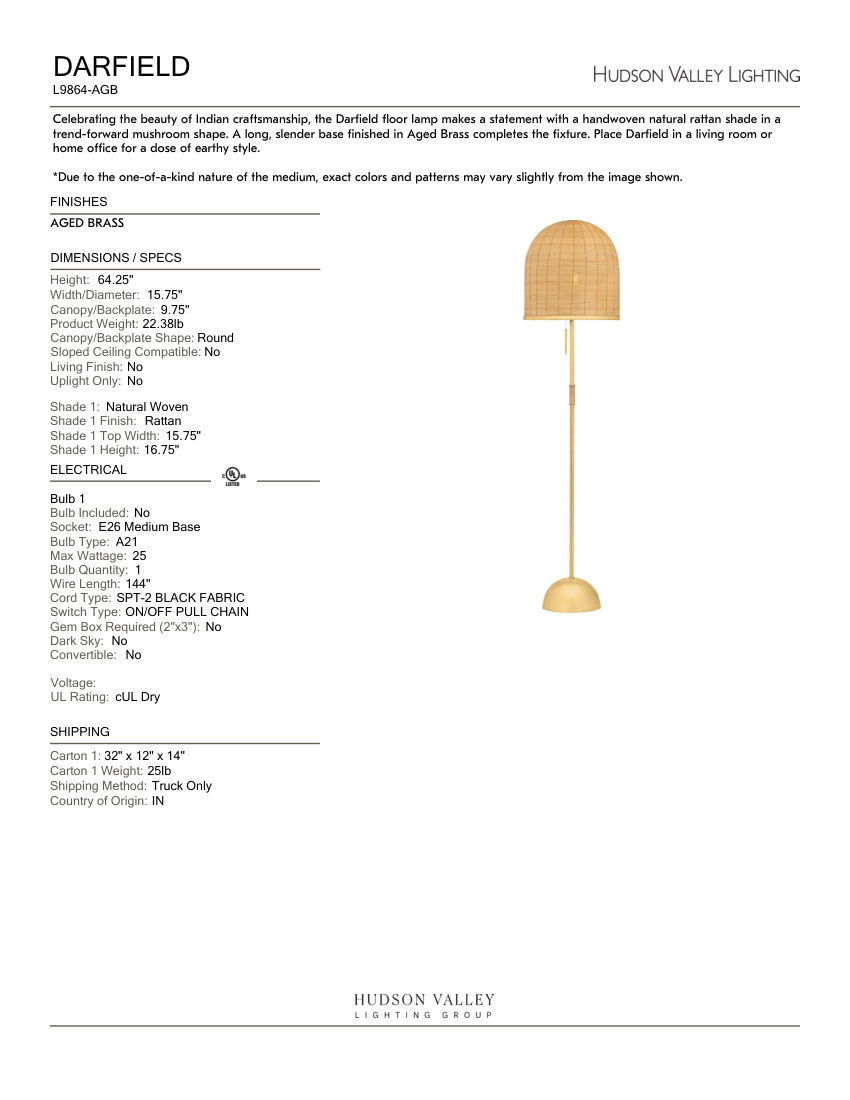Hudson Valley Lighting L9864-AGB cut sheet — first page