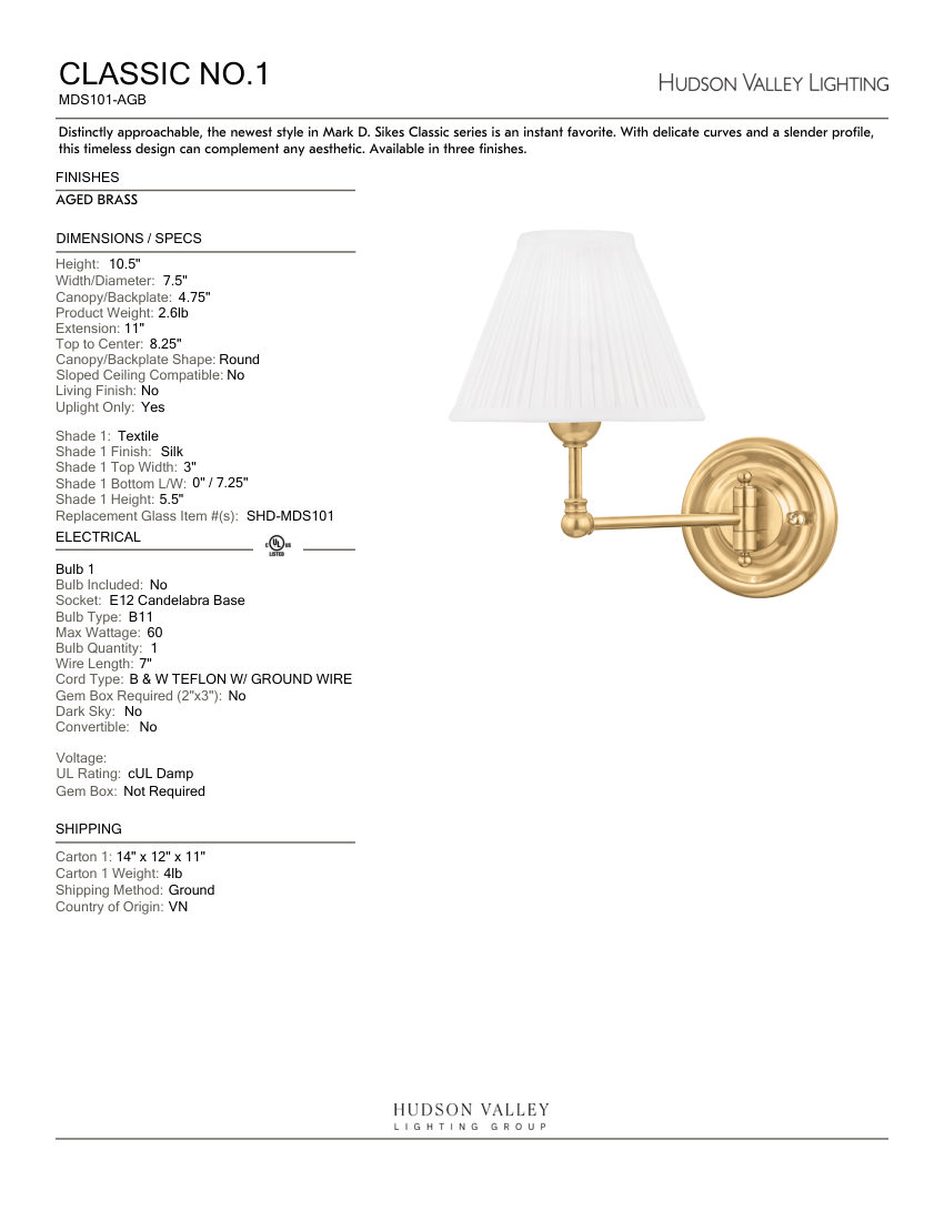 Hudson Valley Lighting MDS101-AGB cut sheet — first page