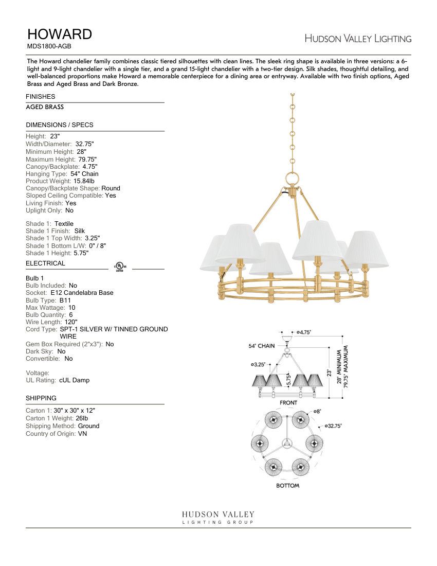 Hudson Valley Lighting MDS1800-AGB cut sheet — first page