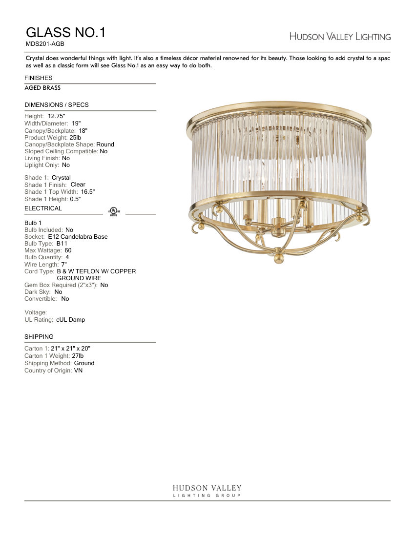Hudson Valley Lighting MDS201-AGB cut sheet — first page
