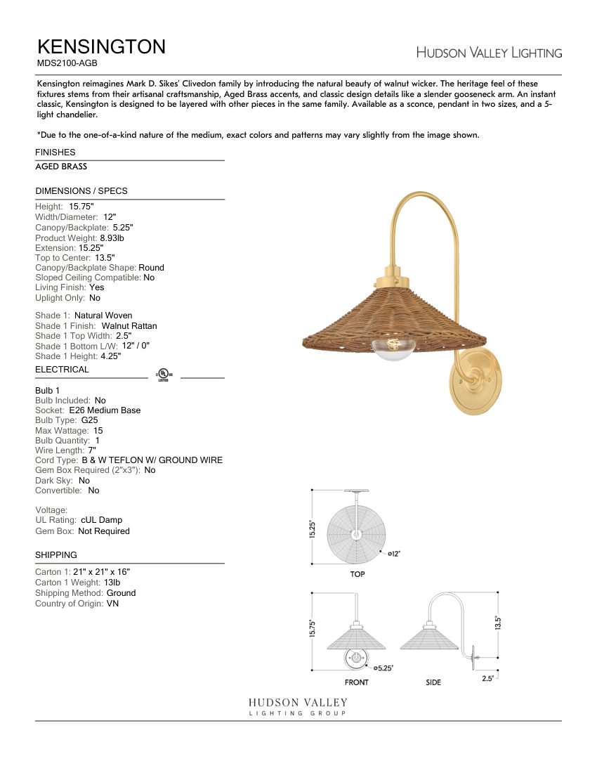 Hudson Valley Lighting MDS2100-AGB cut sheet — first page