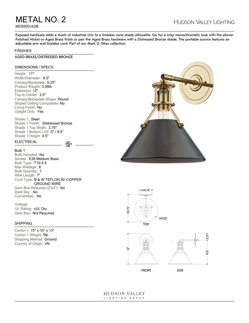 Hudson Valley Lighting MDS950-ADB cut sheet — first page