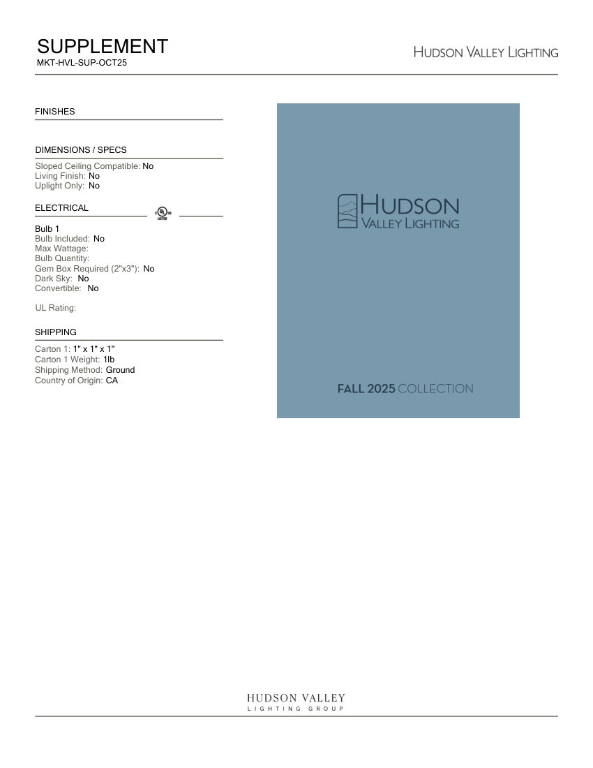 Hudson Valley Lighting MKT-HVL-SUP-OCT25 cut sheet — first page