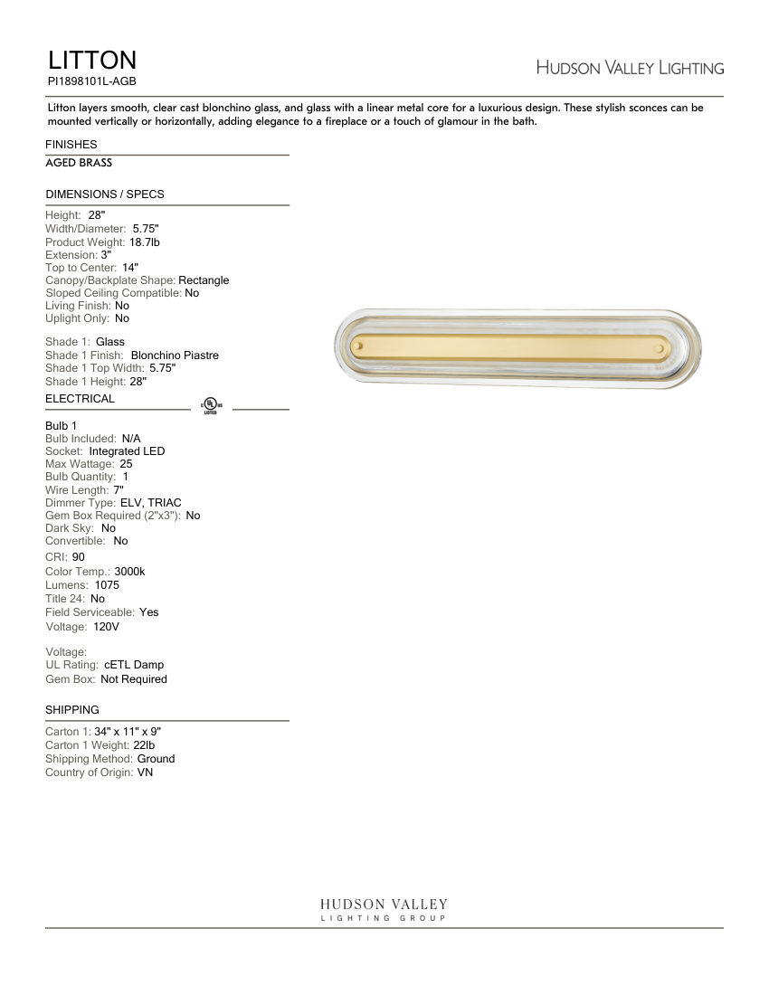 Hudson Valley Lighting PI1898101L-AGB cut sheet — first page