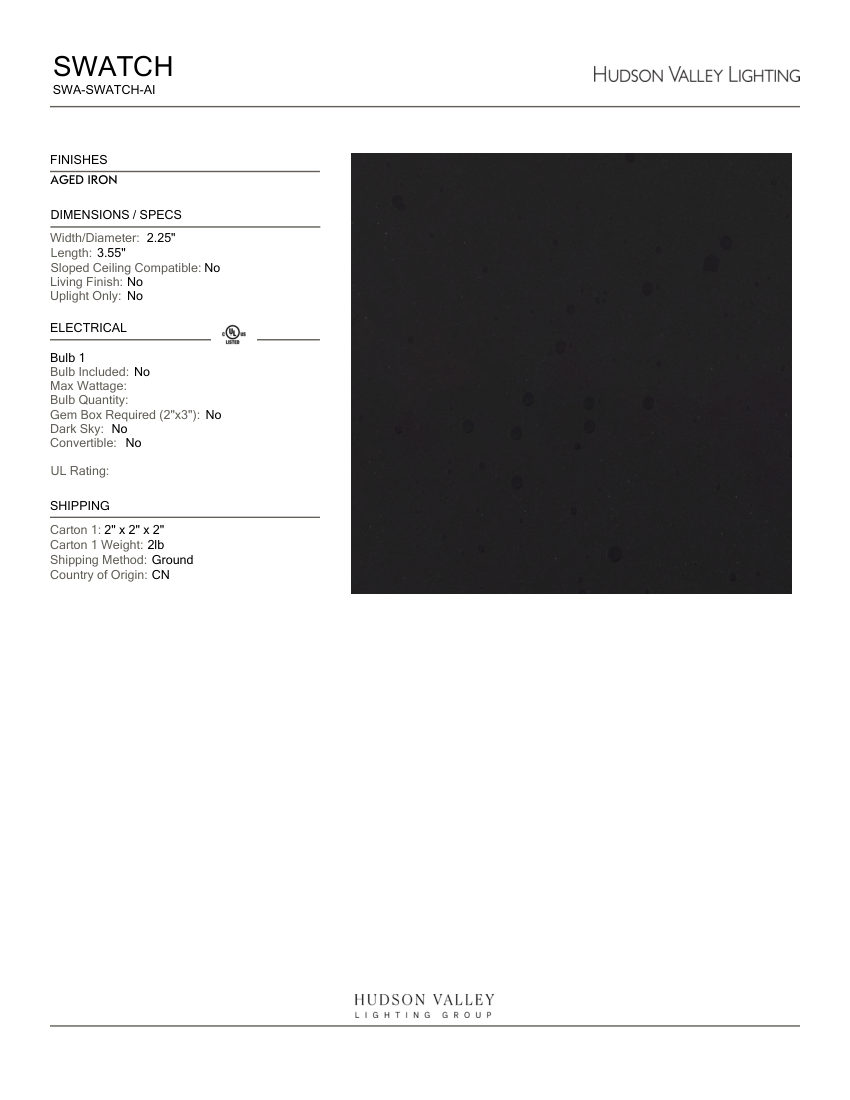 Hudson Valley Lighting SWA-SWATCH-AI cut sheet — first page