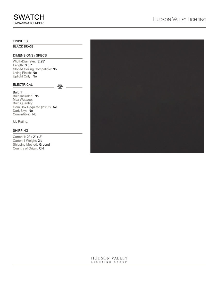Hudson Valley Lighting SWA-SWATCH-BBR cut sheet — first page