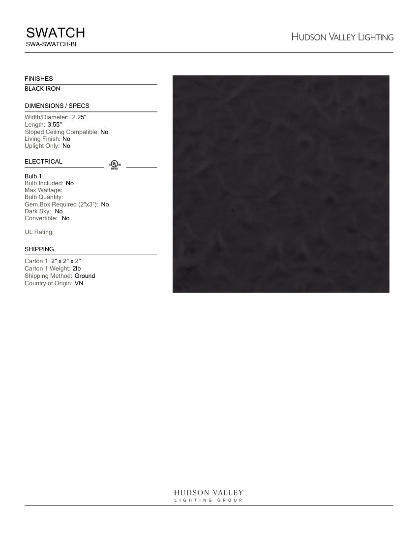 Hudson Valley Lighting SWA-SWATCH-BI cut sheet — first page