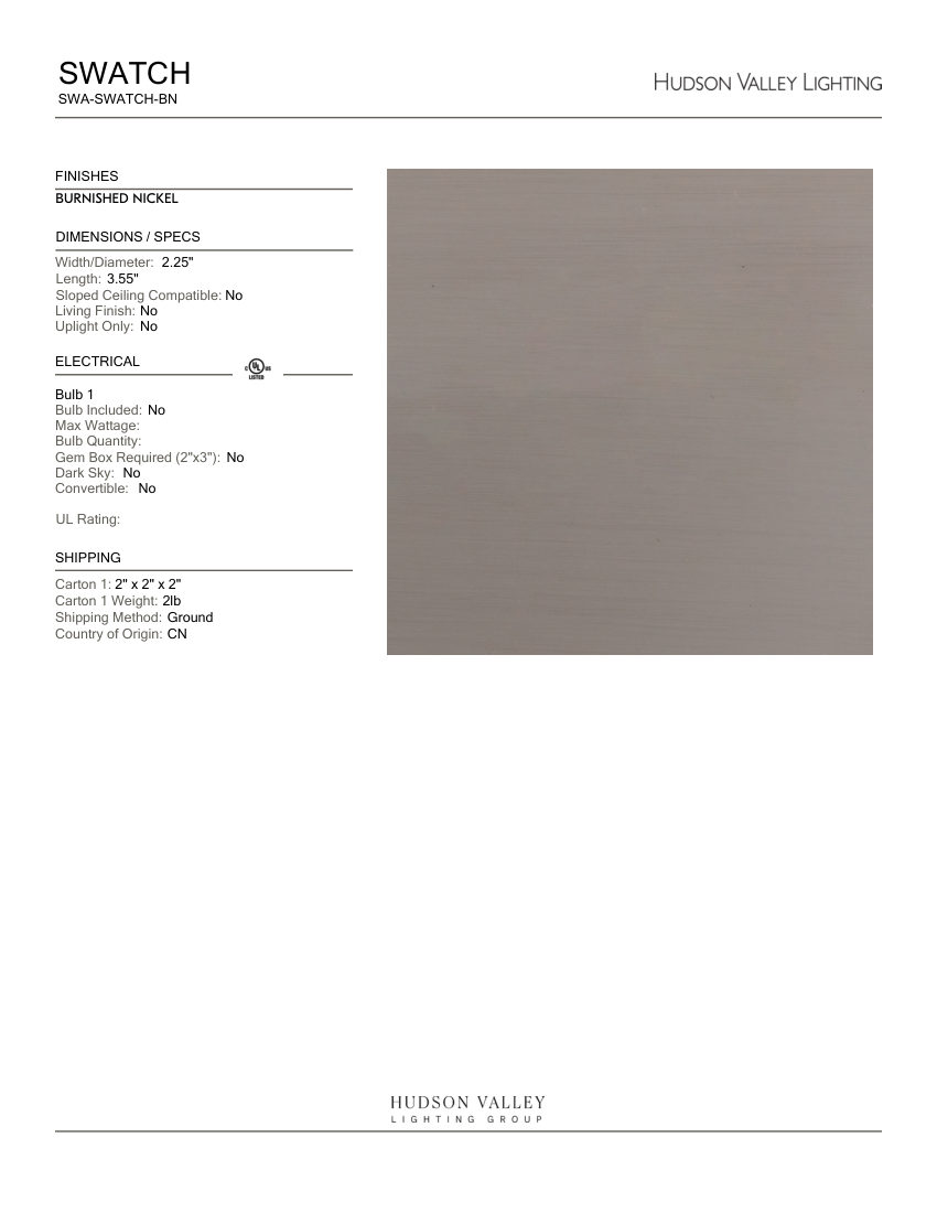 Hudson Valley Lighting SWA-SWATCH-BN cut sheet — first page