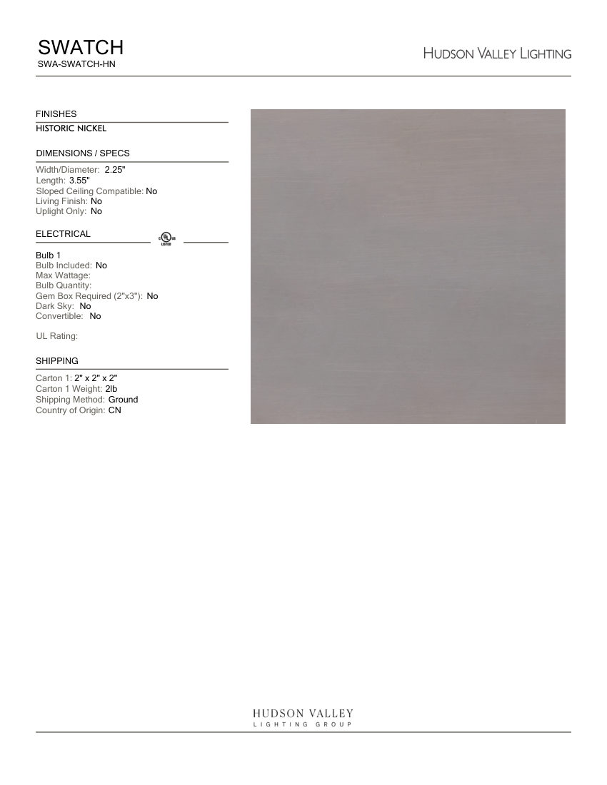Hudson Valley Lighting SWA-SWATCH-HN cut sheet — first page