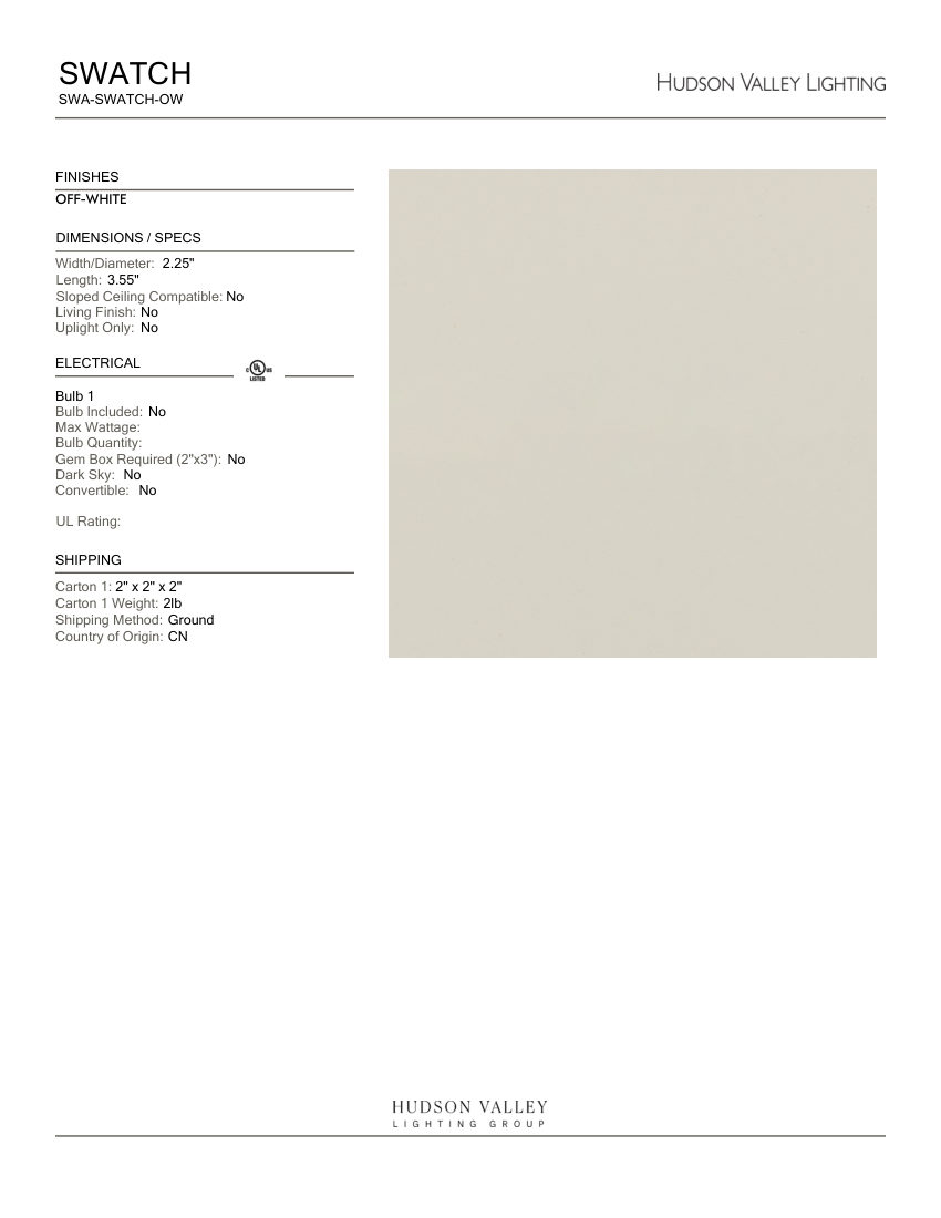 Hudson Valley Lighting SWA-SWATCH-OW cut sheet — first page