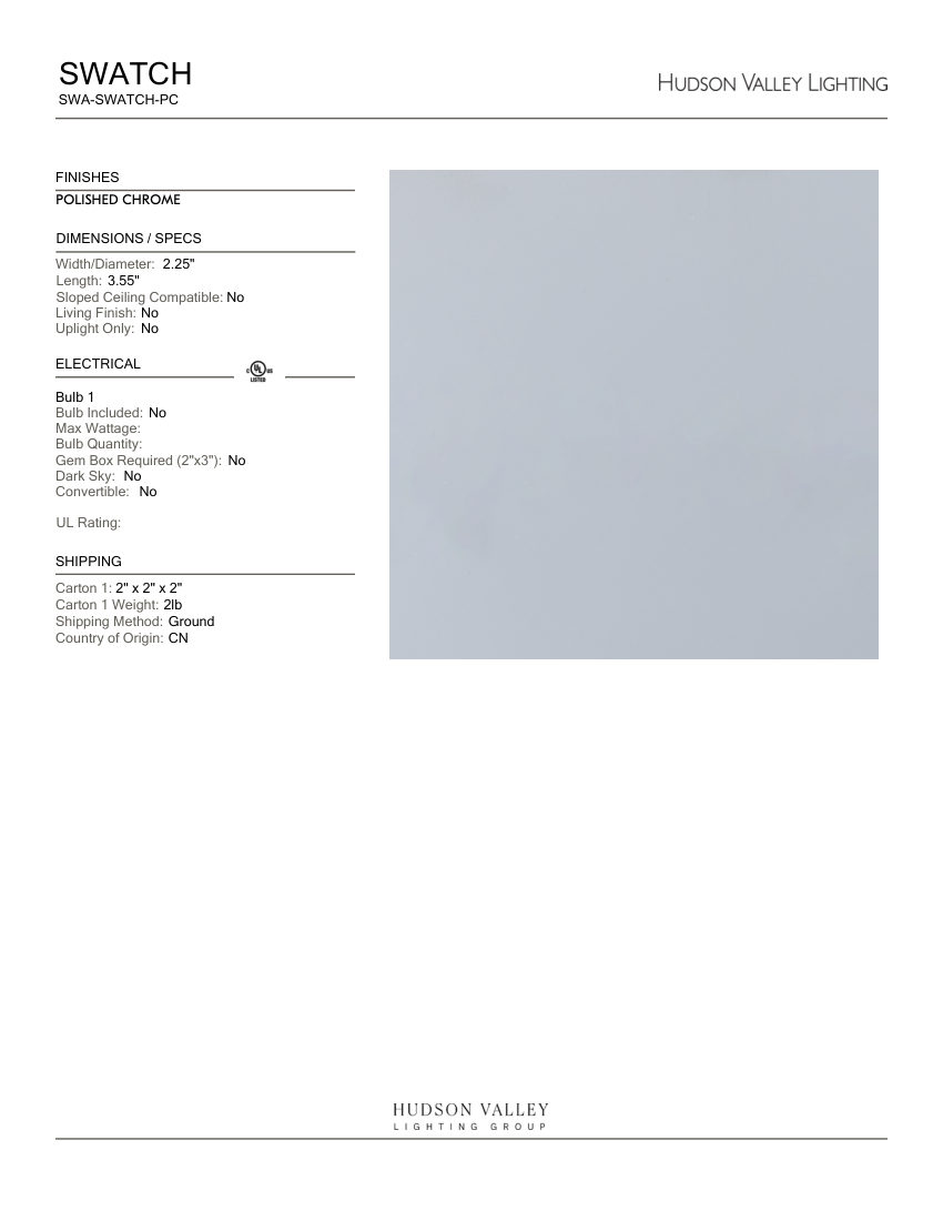 Hudson Valley Lighting SWA-SWATCH-PC cut sheet — first page