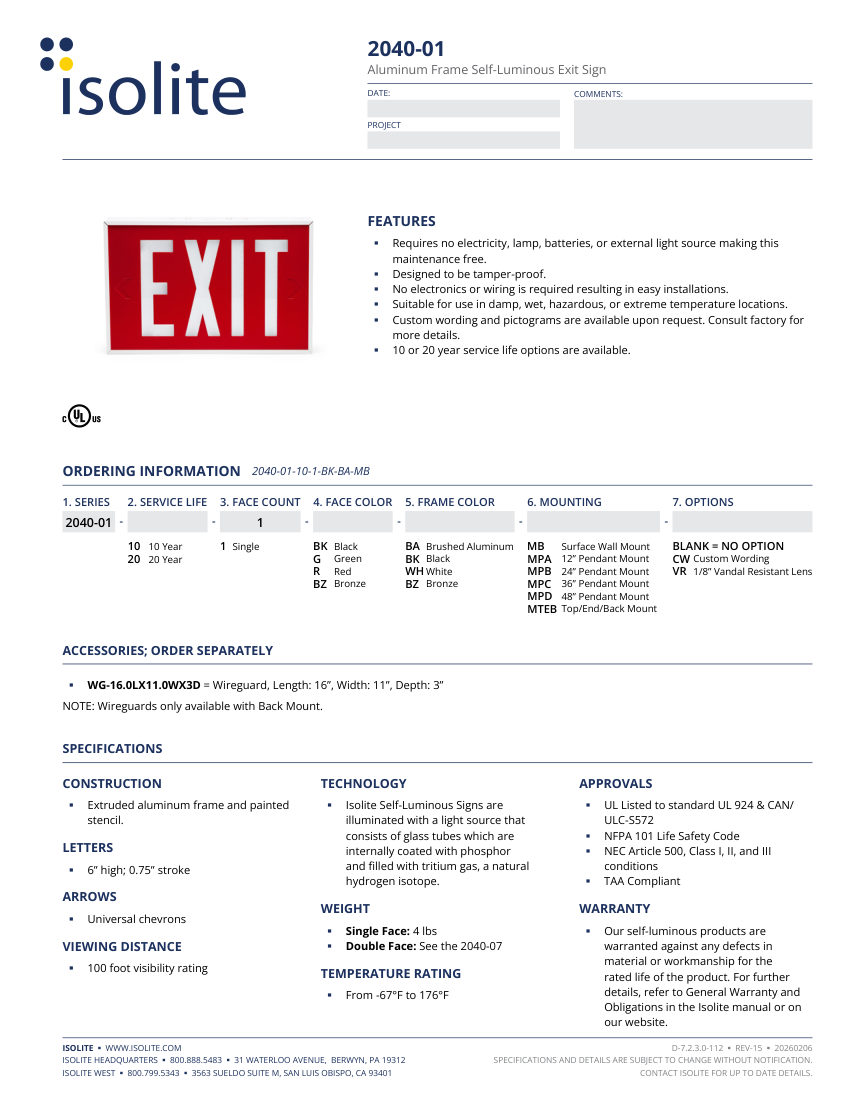 Isolite 2040-01 cut sheet — first page