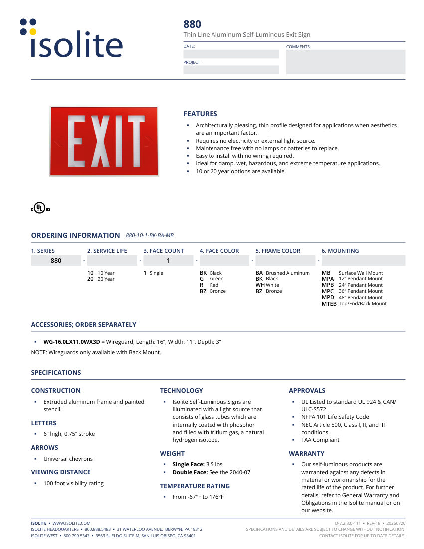 Isolite 880 cut sheet — first page
