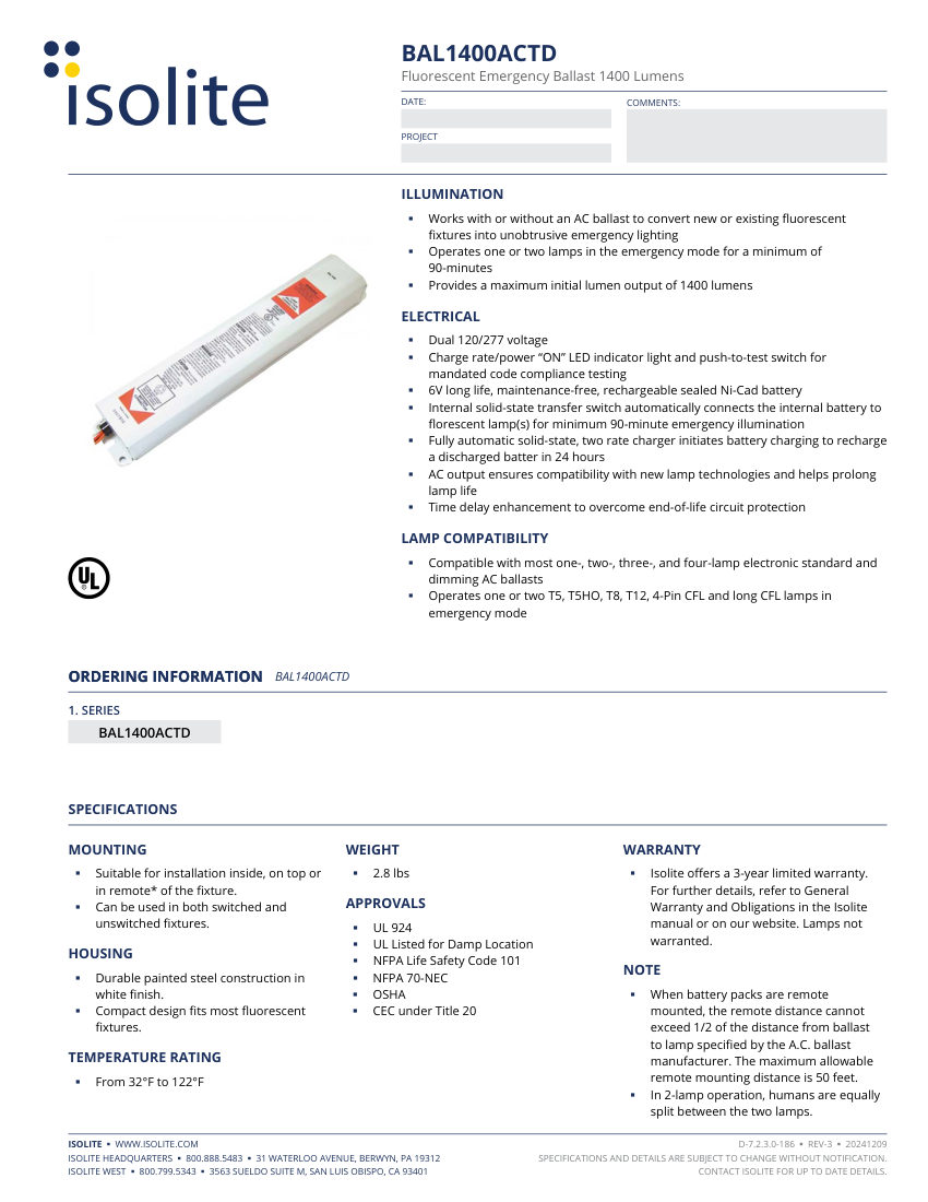 Isolite BAL-1400ACTD cut sheet — first page