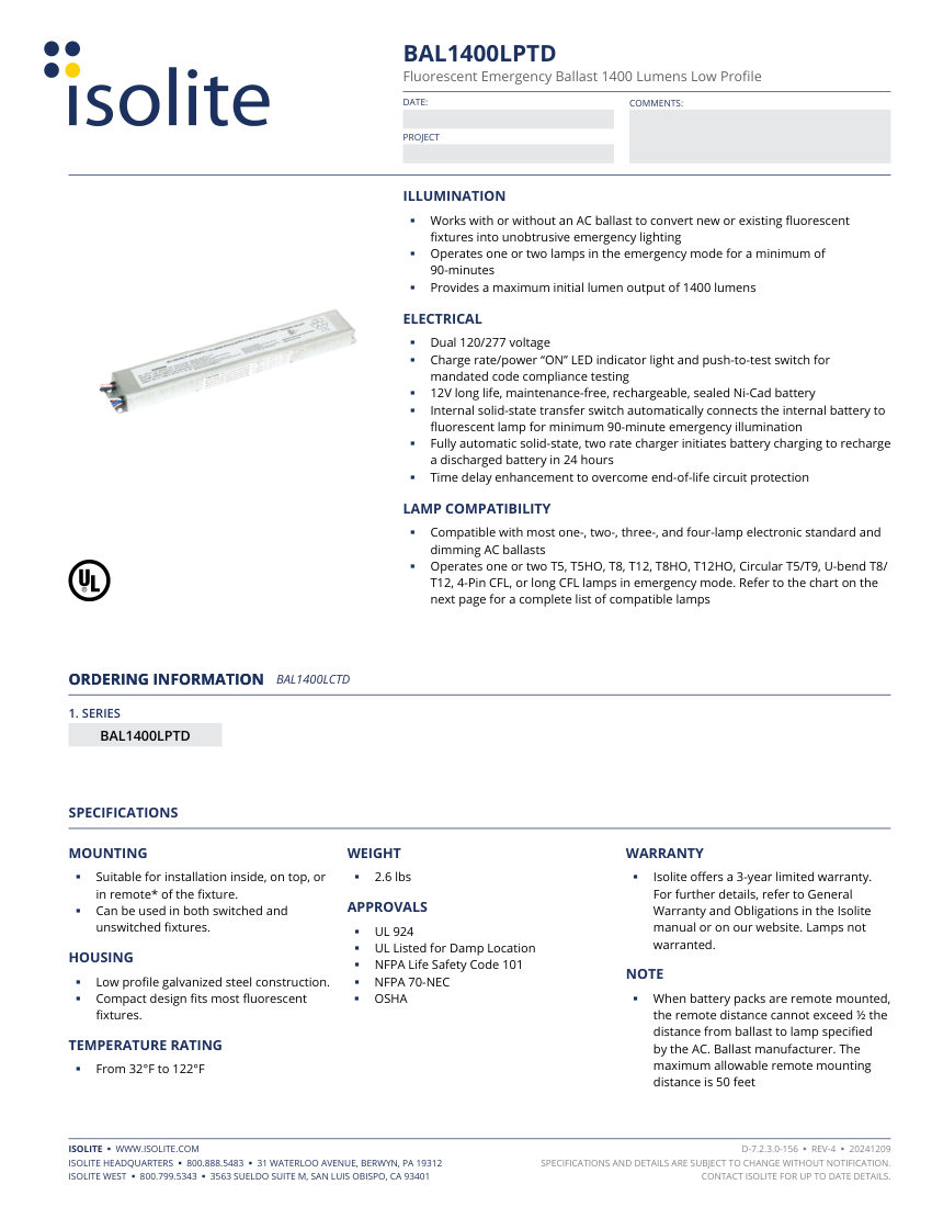 Isolite BAL-1400LPTD cut sheet — first page