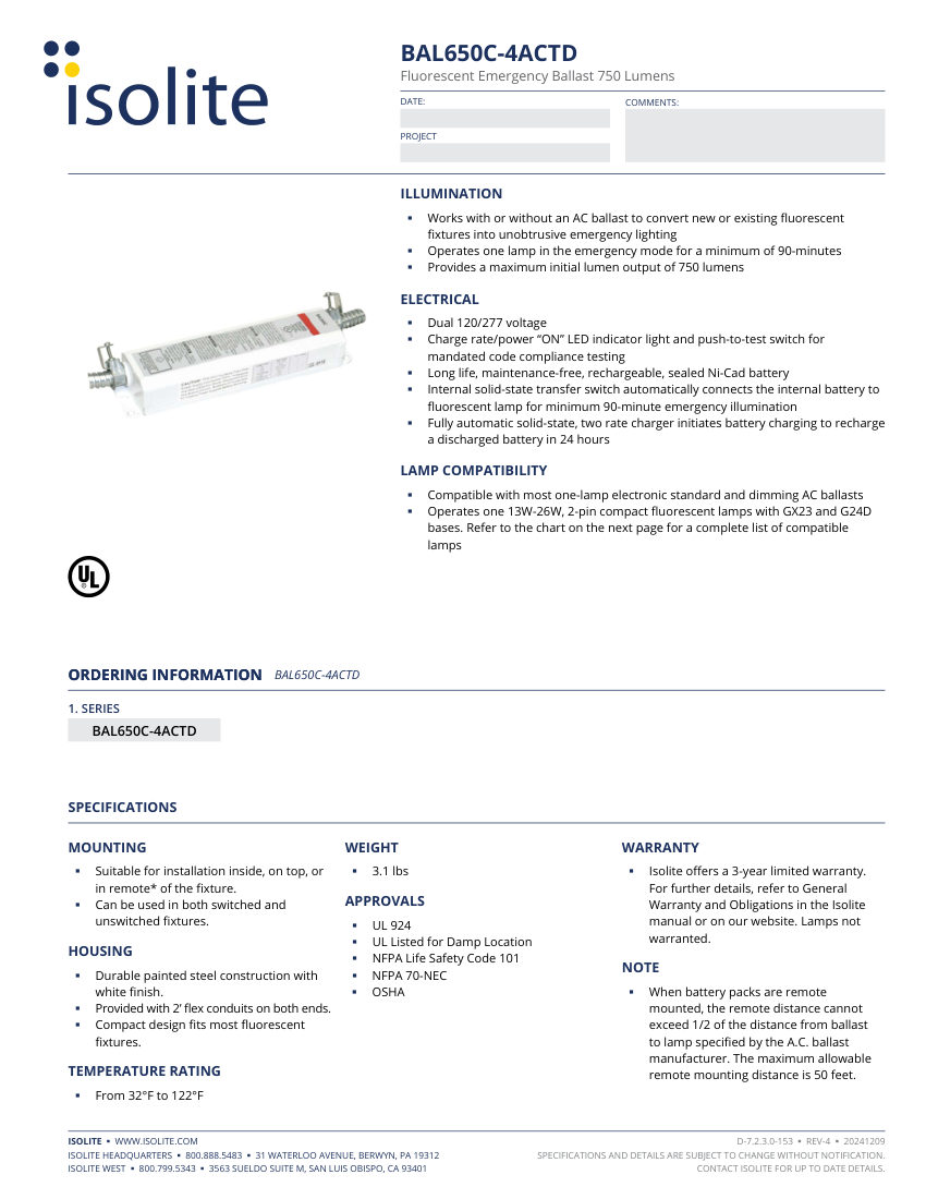 Isolite BAL-650C-4ACTD cut sheet — first page