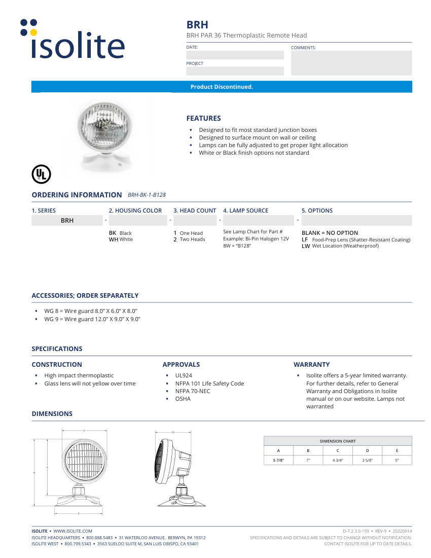 Isolite BRH cut sheet — first page