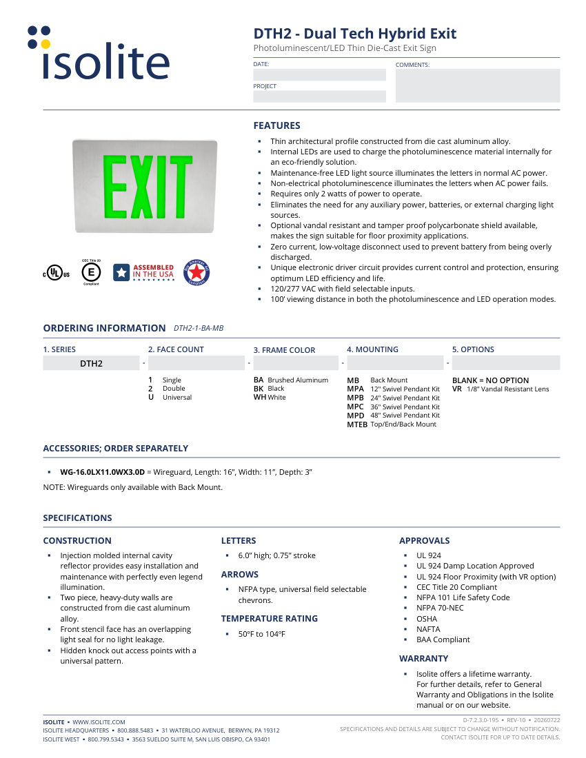 Isolite DTH2 cut sheet — first page