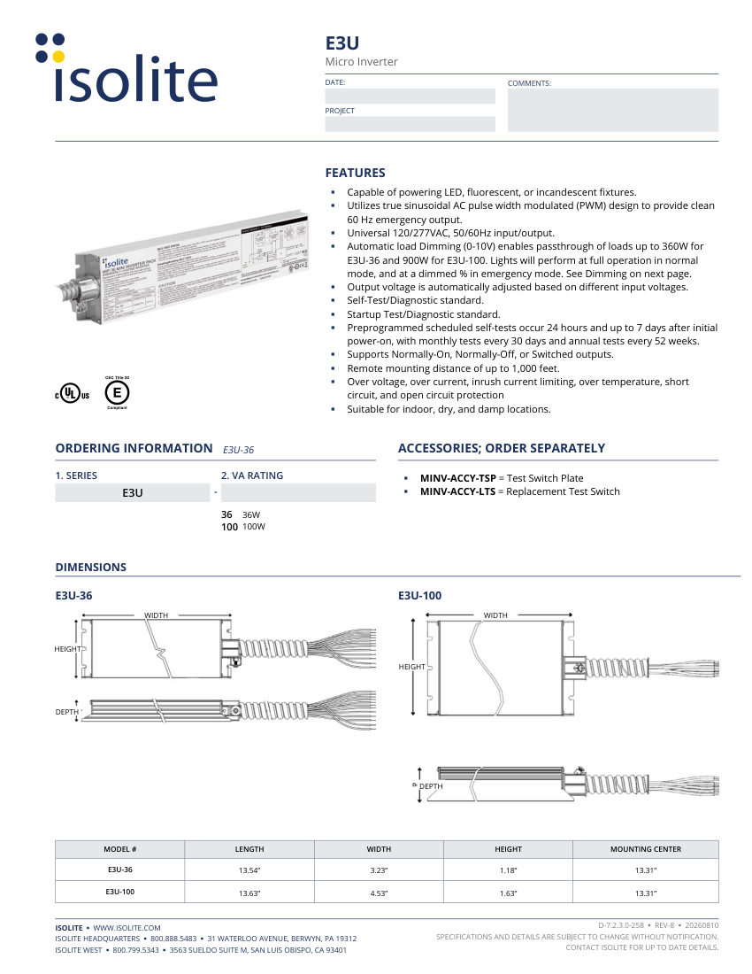 Isolite E3U cut sheet — first page