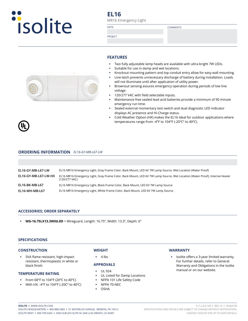 Isolite EL16 cut sheet — first page