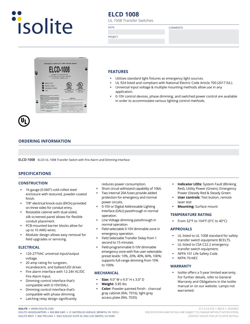 Isolite ELCD-1008 cut sheet — first page
