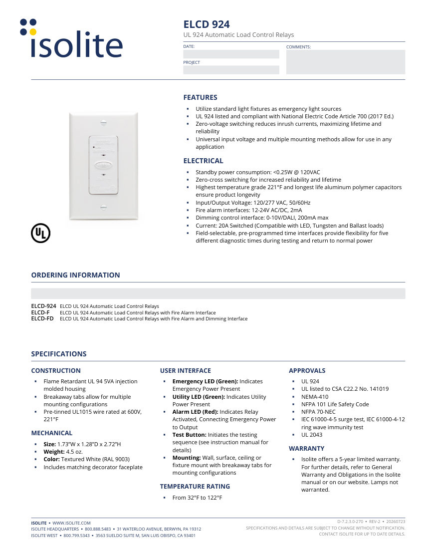 Isolite ELCD-924 cut sheet — first page