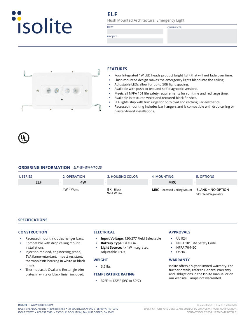 Isolite ELF cut sheet — first page