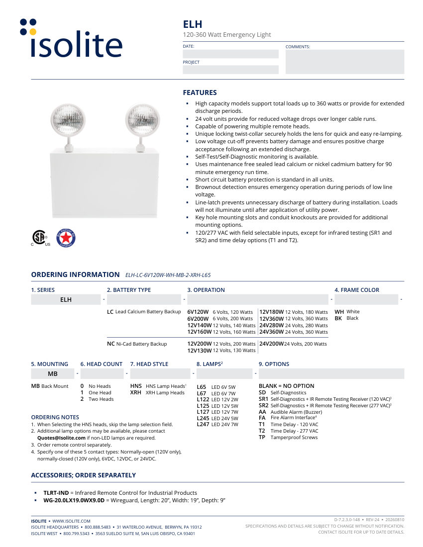 Isolite ELH cut sheet — first page
