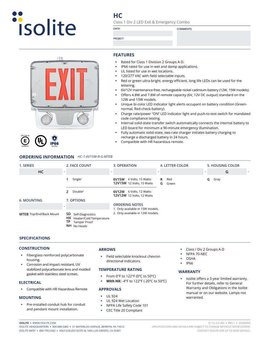 Isolite HC cut sheet — first page