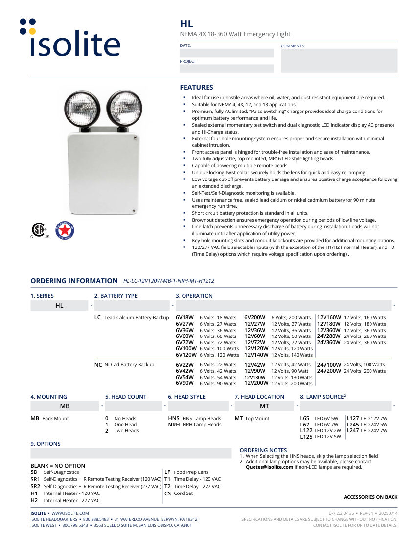 Isolite HL cut sheet — first page