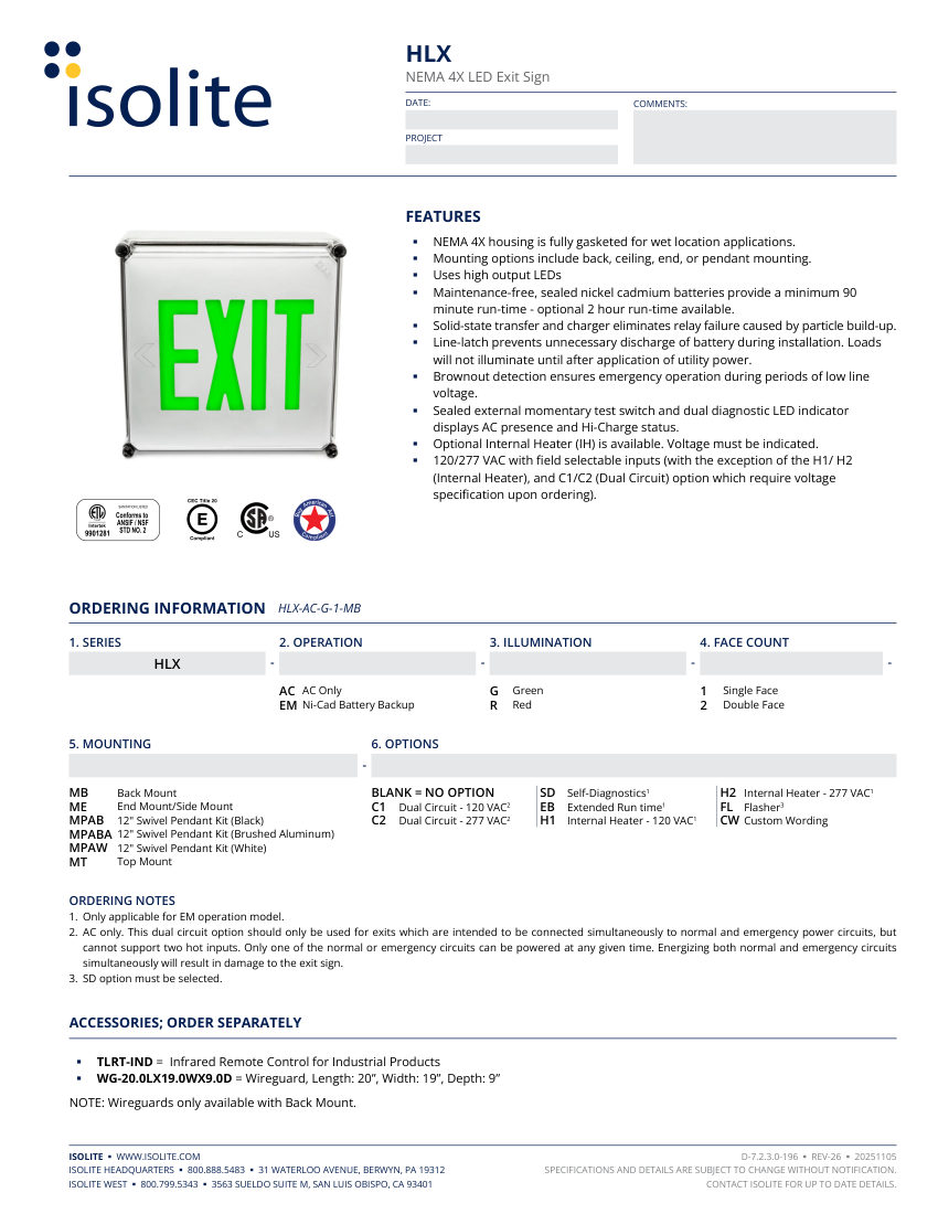 Isolite HLX cut sheet — first page