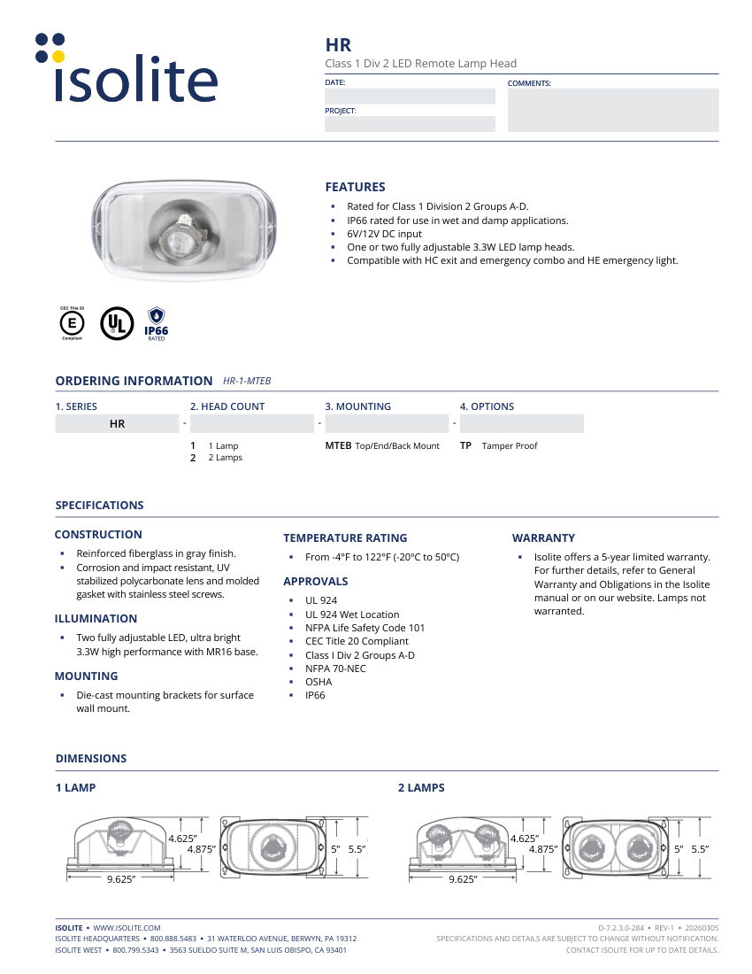 Isolite HR cut sheet — first page