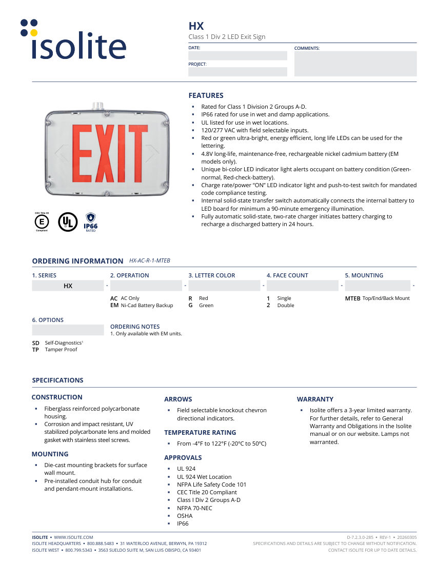 Isolite HX cut sheet — first page
