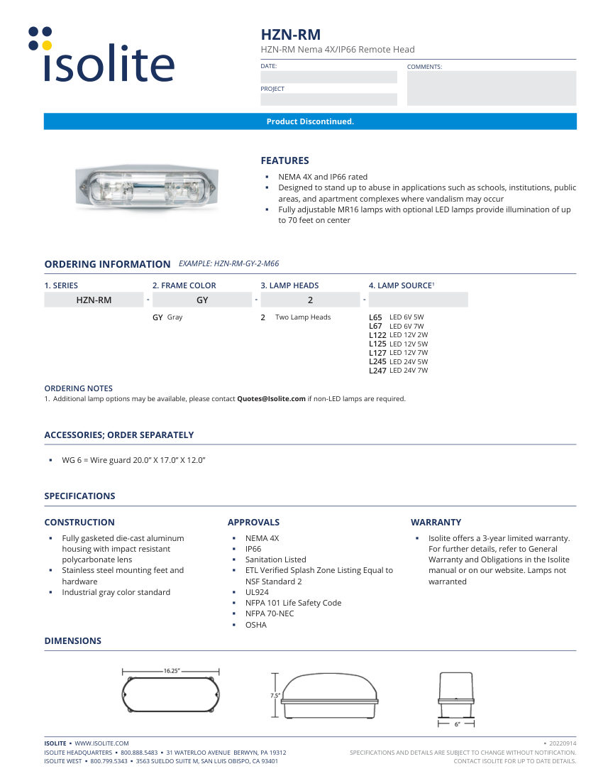 Isolite HZN-RM cut sheet — first page