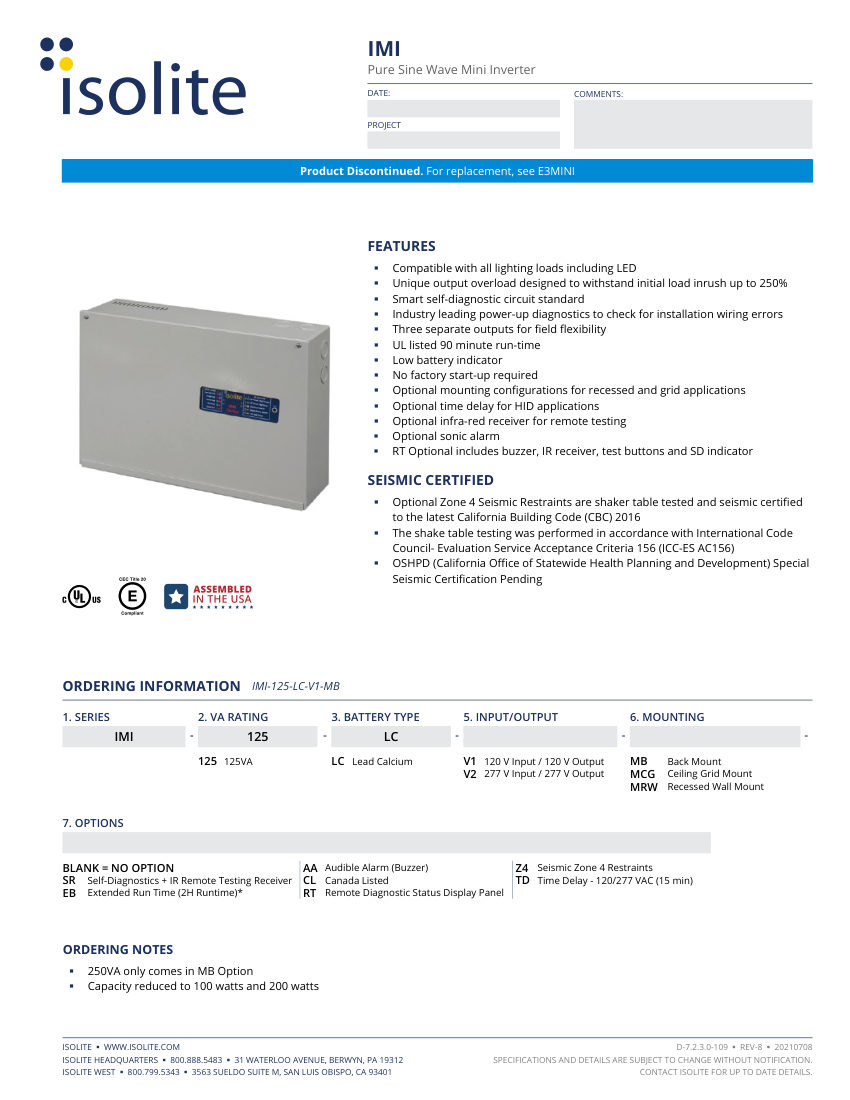 Isolite IMI cut sheet — first page