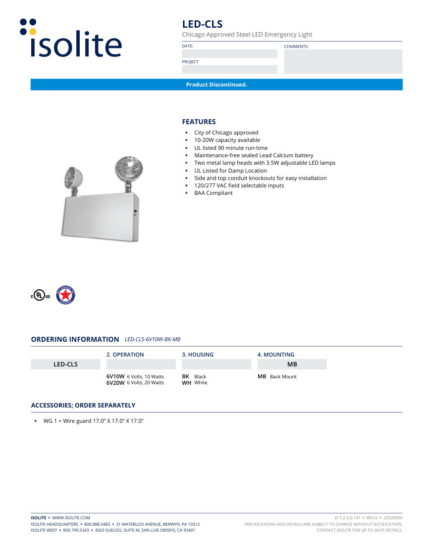 Isolite LED-CLS cut sheet — first page