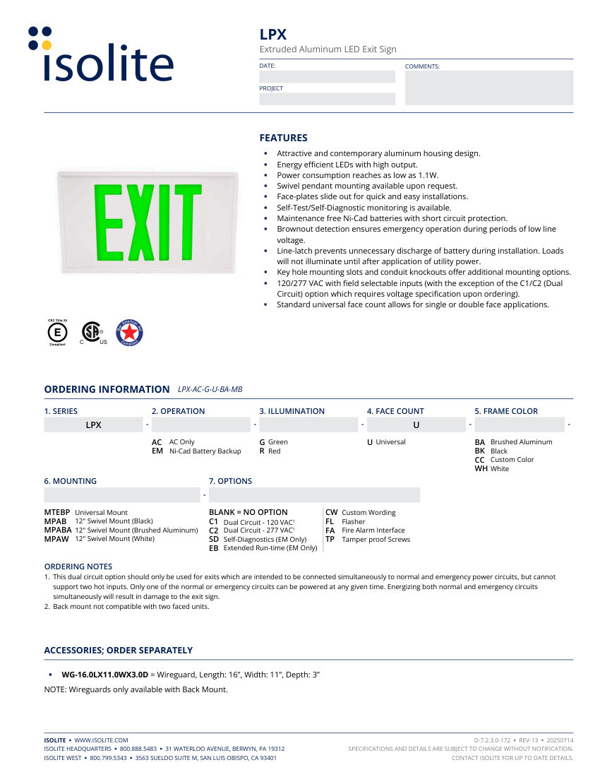 Isolite LPX cut sheet — first page