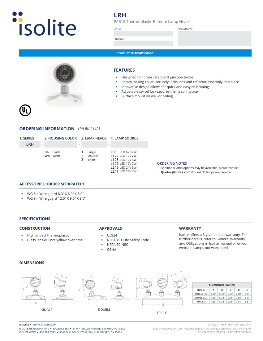 Isolite LRH cut sheet — first page