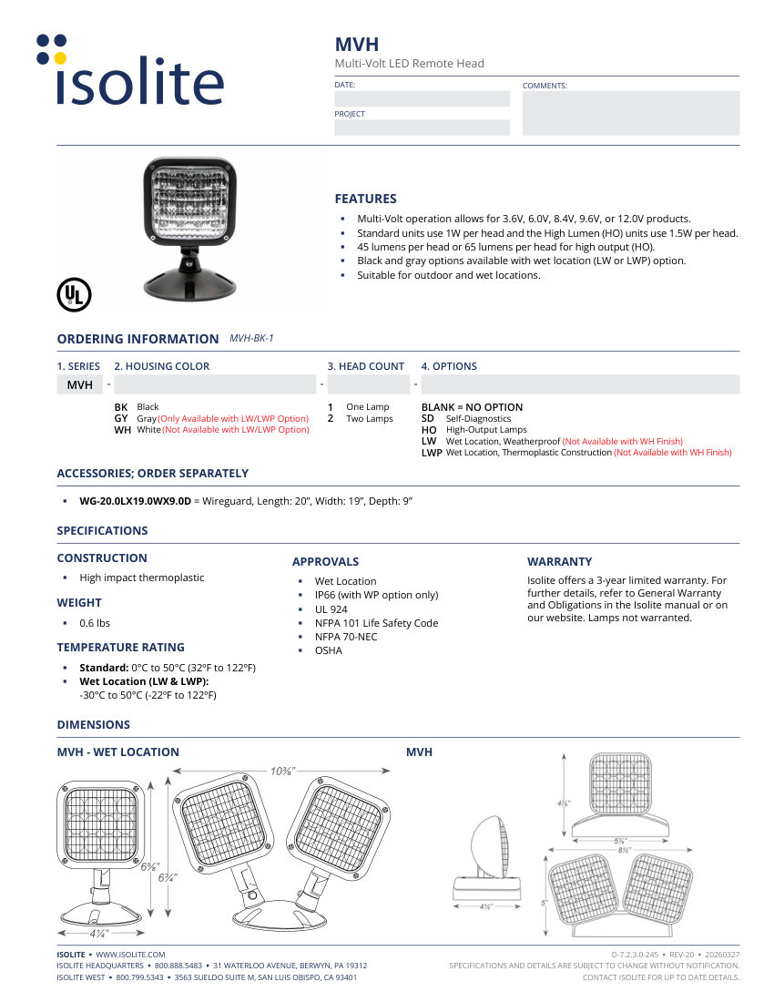 Isolite MVH cut sheet — first page