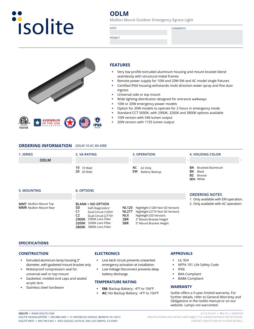 Isolite ODLM cut sheet — first page