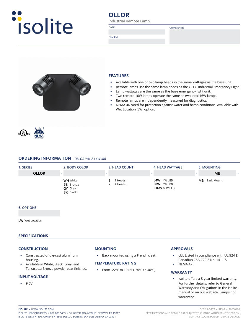 Isolite OLLOR cut sheet — first page