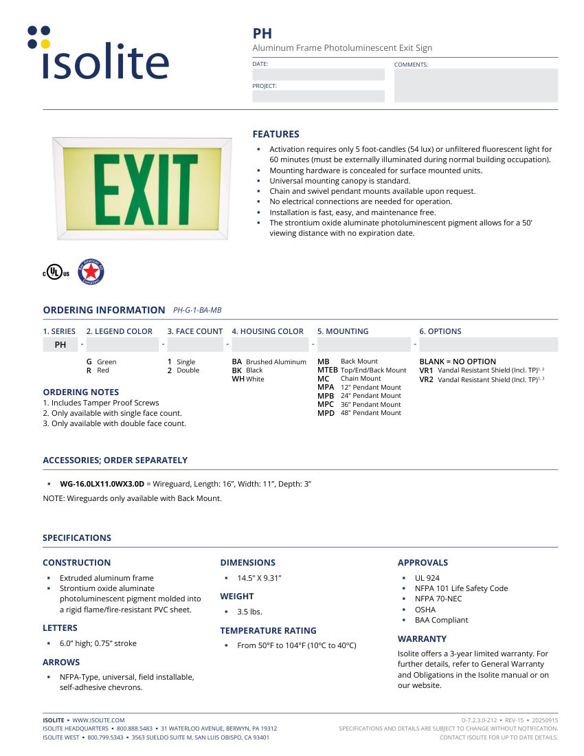 Isolite PH cut sheet — first page