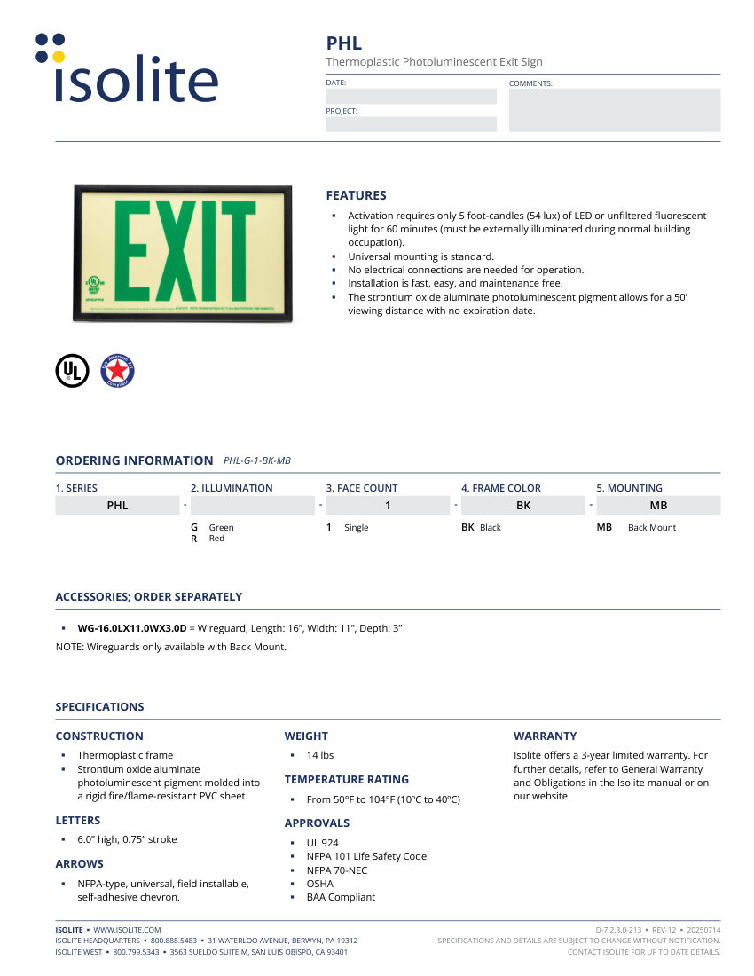 Isolite PHL cut sheet — first page