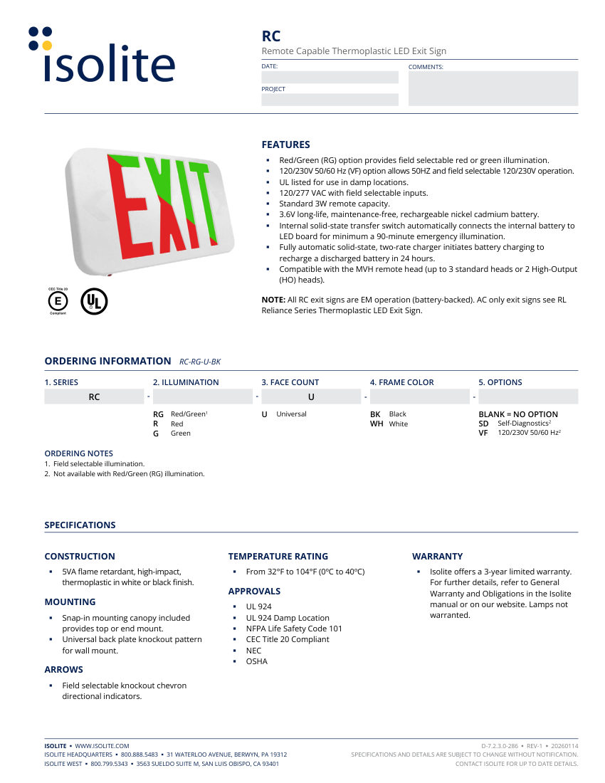 Isolite RC cut sheet — first page