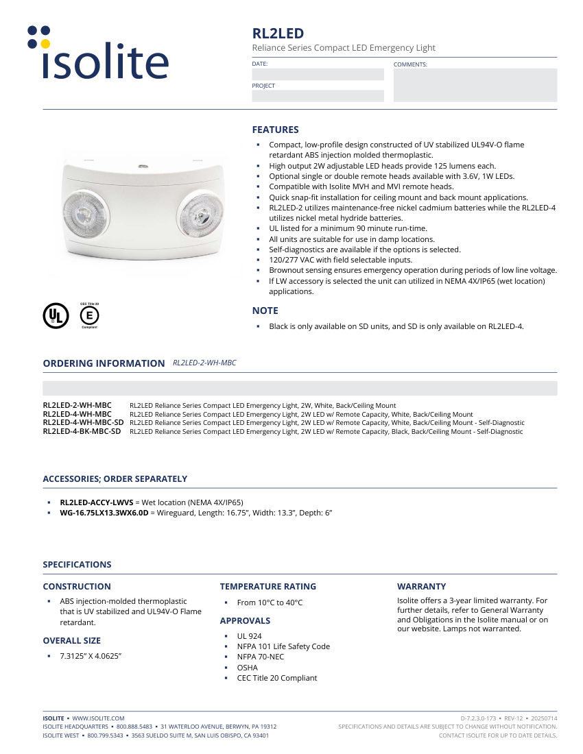 Isolite RL2LED cut sheet — first page