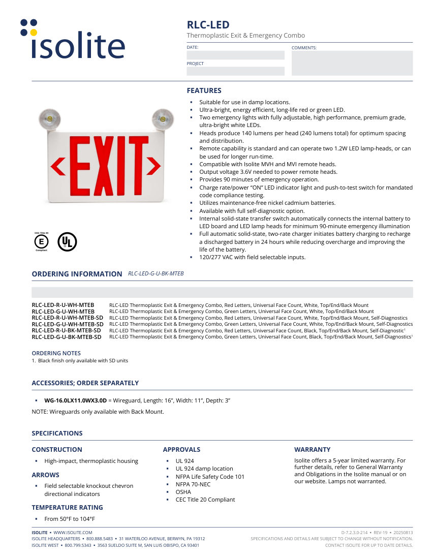 Isolite RLC-LED cut sheet — first page