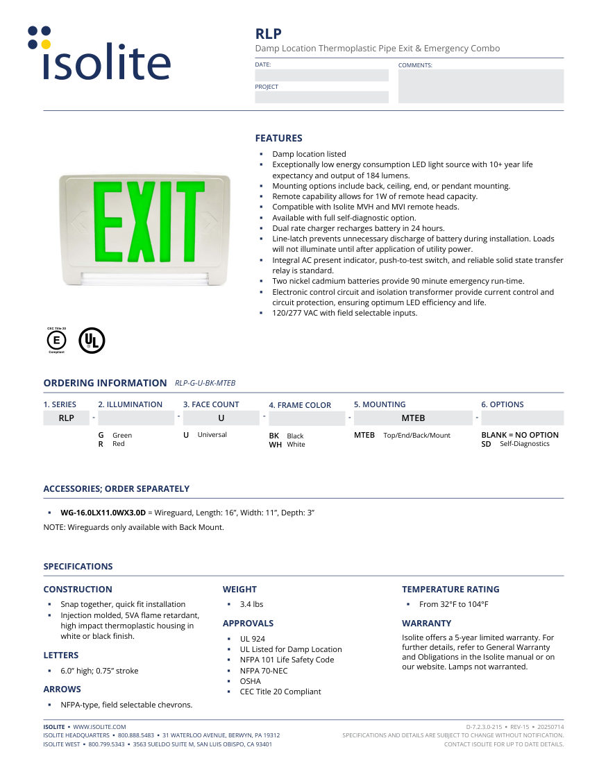 Isolite RLP cut sheet — first page