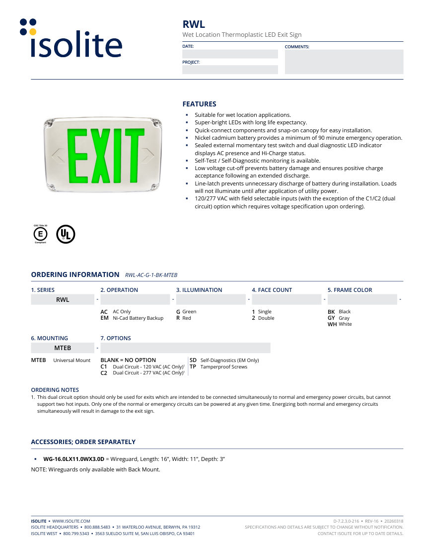 Isolite RWL cut sheet — first page