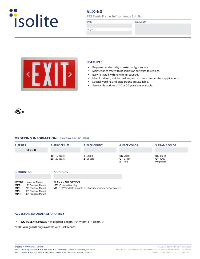 Isolite SLX-60 cut sheet — first page